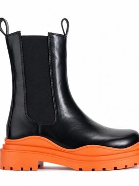 Azalea Wang Black Chelsea Platform Boots with Orange Lug Sole